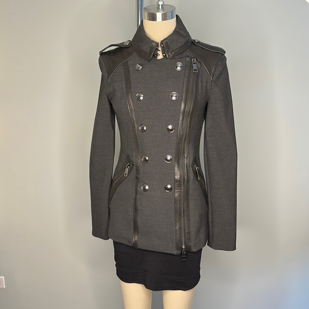 Burberry Moto Double Breasted Jacket - Sz 4 Dark Grey w/ Black Leather Trim